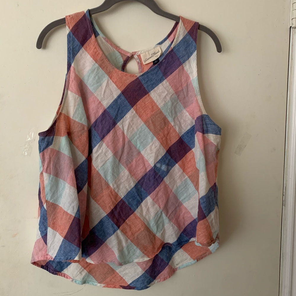 Universal Thread Checker print tank top, pink, white, blue